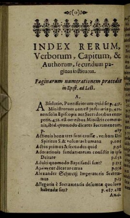 Index Rerum, Verborum, Capitum, & Authorum, secundum paginas in stitutus.