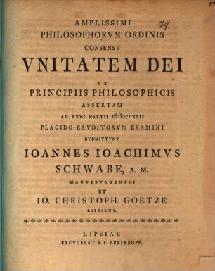 Unitatem Dei ex principiis philosophicis assertam