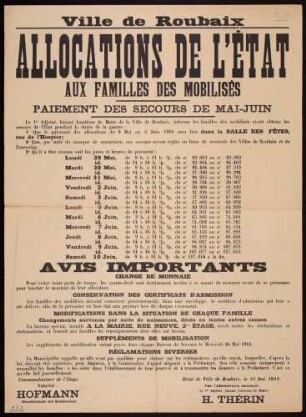 "Ville de Roubaix; Allocations de l'Etat aux Familles des Mobilisés; Paiement des Secours de Mai-Juin" (Auszahlungen an Angehörige von Mobilisierten)