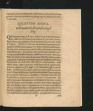 Quaestio Nona. An habitatio sit usus fructus? Neg.