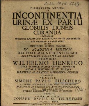 Dissertatio Medica De Incontinentia Urinae Ex Partu Globulis Ligneis Curanda