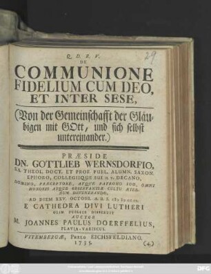 De Communione Fidelium Cum Deo, Et Inter Sese,