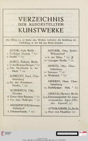 Verzeichnis der ausgestellten Kunstwerke
