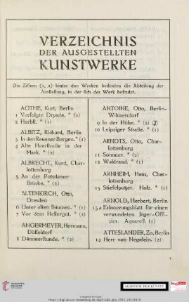 Verzeichnis der ausgestellten Kunstwerke