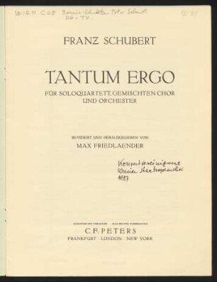 Tantum ergo : für Soloquartett, gemischten Chor und Orchester : [Es-dur]