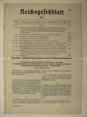 Reichsgesetzblatt, u.a. über die Räumung gefährdeter Gebiete und Familienunterbringung, die Kriegswirtschaft, das Beamtenrecht und zum Luftschutz