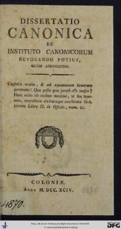 Dissertatio Canonica De Instituto Canonicorum Revocando Potius, Quam Abrogando