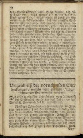 Verzeichniß der vornehmsten Entdeckungen, welche seit einigen Jahrhunderten sind gemacht worden