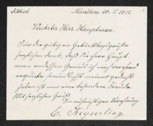 Brief von Hermann Keyserling an Gerhart Hauptmann, geschrieben von Unbekannt