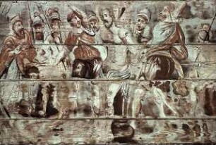 Der Apostel Philippus zwischen Rundbildern mit der Gefangennahme und Geißelung Christi