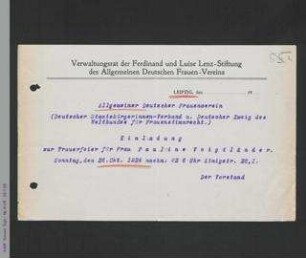 Einladung der Ferdinand- und Louise-Lenz-Stiftung zur Trauerfeier für Pauline Voigtländer am 26. Oktober 1924