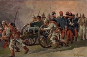 Deutsche Soldaten mit französischen Kriegsgefangenen und Geschütz