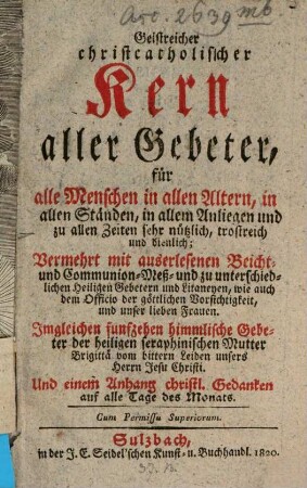 Geistreicher christkatholischer Kern aller Gebeter