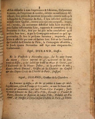 Sentence Du Chastelet De Paris, Qui condamne un Ecrit imprimé, ayant pour titre: Mandement & Instruction Pastorale de Monseigneur l'Archévêque de Paris, touchant l'Autorité de l'Eglise ..., à être lacéré & brûlé en Place de Greve, par l'Exécuteur de la Haute-Justice : Du Jeudi quatre Novembre mil sept cens cinquante-six
