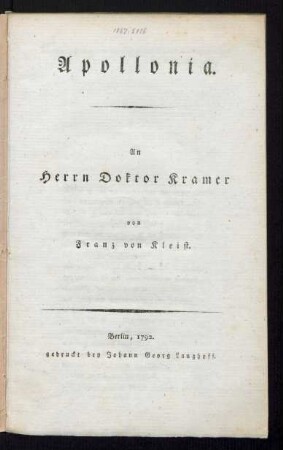 Apollonia : An Herrn Doktor Kramer