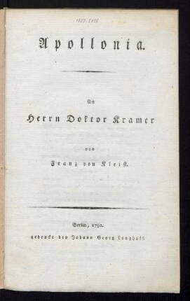 Apollonia : An Herrn Doktor Kramer