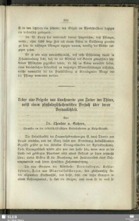 Ueber eine Beigabe von Knochenerde zum Futter der Thiere, nebst einem physiologisch-chemischen Versuch über deren Verdaulichkeit
