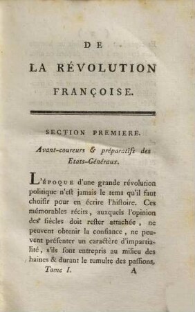 De la Révolution Françoise, 1. (1796). - VII, 303 S.