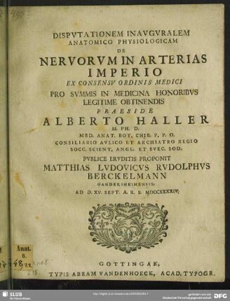 Disputationem Inauguralem Anatomico Physiologicam De Nervorum Arterias Imperio ...