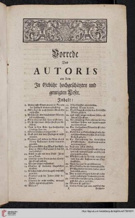 Vorrede des Autoris an den in Gebühr hochgeschätzten und geneigten Leser: Inhalt