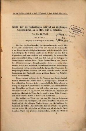 Bericht über die Beobachtungen während der ringförmigen Sonnenfinsterniß am 6. März 1867 in Dalmatien : vorgelegt in der Sitzung am 23. Mai 1867