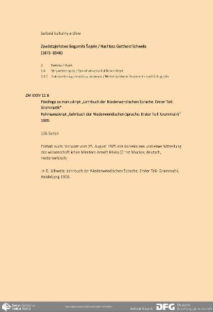 Manuskript „Lehrbuch der Niederwendischen Sprache. Erster Teil: Grammatik“