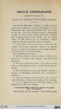 Sér. 3: Fouilles archéologiques exécutées en mai 1894 dans la région d'Haydra (Tunisie)