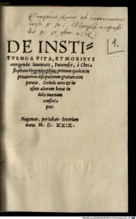 De Instituenda Vita, Et Moribus corrigendis Iuventutis, Paraeneses