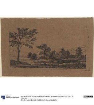 Landschaft mit Ruine, im Vordergrund ein Baum