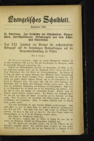 ¬Das¬ XXI. Jahrbuch des Vereins für wissenschaftliche Pädagogik und die diesjährigen Behandlungen auf der Generalversammlung in Erfurt