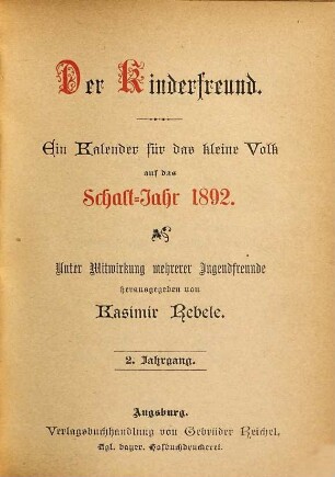 Der Kinderfreund : ein Kalender für das kleine Volk. 2. 1892