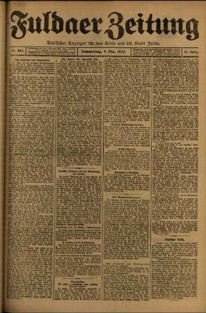 Erste Ausgabe vom Donnerstag, den 09. Dezember 1920.