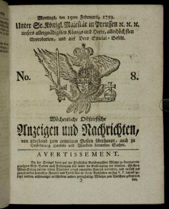 No. 8. Montags, den 19ten Februarii, 1759.