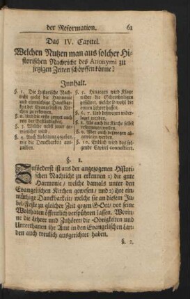Das IV. Capitel. Welchen Nutzen man aus solcher Historischen Nachricht des Anonymi zu jetzigen Zeiten schöpffen könne?