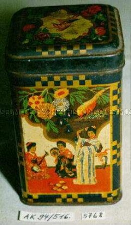 Blechdose für Tee? (Abbildung eines Vogel, umgeben von Blüten, auf der Vorderseite zwei Asiaten, denen Tee serviert wird)