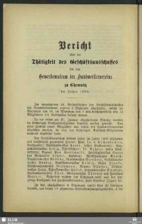 Bericht über die Thätigkeit des Geschäftsausschusses für das Gewerbemuseum zu Chemnitz im Jahre 1898
