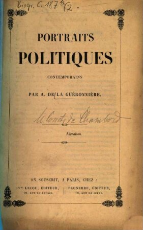 Portraits politiques contemporains, 2. [Le Comte de Chambord]