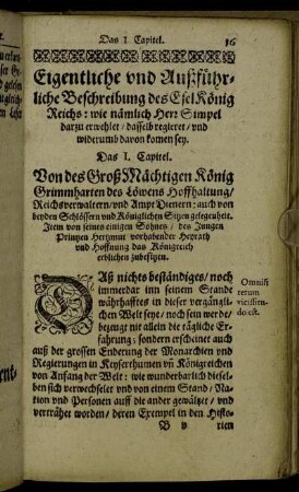 Das I. Capitel. Von des groß Mächtigen König Grimmharten des Löwens Hoffhaltung [...]