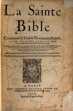 La Sainte Bible : contenant le Veil & Nouveau testament, Latin-François. [1] (1568)