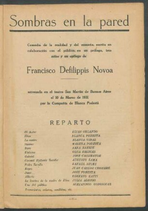 Sombras en la pared : Comedia de la realidad y del ensueño, escrita en colaboración con el público, en un prólogo, tres actos y un epilogo de Francisco Defilippis Novoa