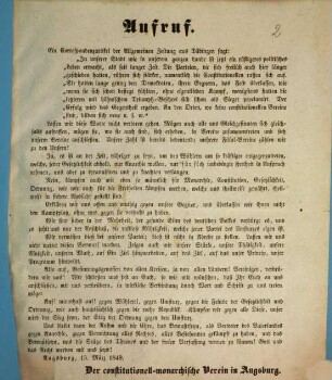 Aufruf des constitutionell - monarchischen Vereins in Augsburg vom 15. März 1849