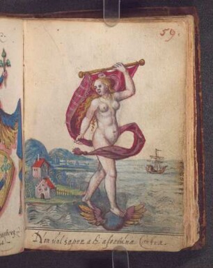 Gouache: Personifikation der Fortuna auf schwebender geflügelter Kugel über Uferlandschaft