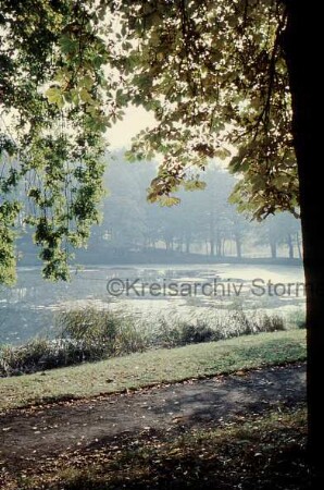 Salzteich: Kurpark: vorn Weg und rechts Baum: am gegenüberliegenden Ufer Bäume und Rasen: hinten rechts Fußgängerbrücke über Beste