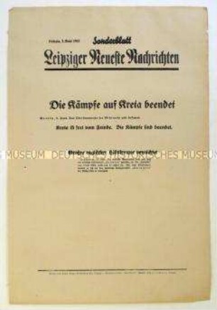 Sonderblatt der "Leipziger Neuesten Nachrichten" zur Beendigung der Kämpfe auf Kreta