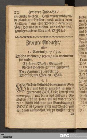 Zweyte Andacht / über I. Corinth. 7 / 30. Die da weinen / seyen / als weineten sie nicht.