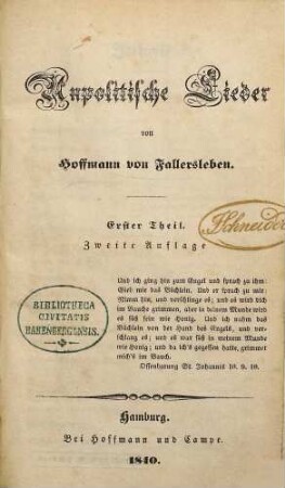 Unpolitische Lieder, Erster Theil
