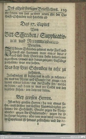 Das 17. Capitel. Von Bitt-Schreiben, Supplicationen und Recommendation-Briefen