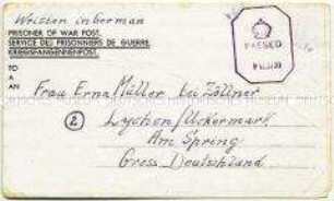Kriegsgefangenenpost aus britischer Kriegsgefangenschaft im Lager 67 PW Camp, Sandyhillock-Camp - Personenkonvolut
