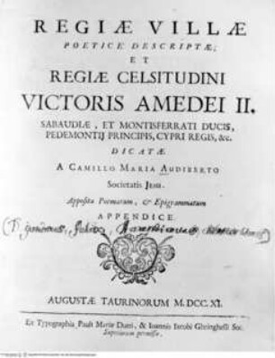 Regiae villae poetice descriptae; et regiae celsitudini Victoris Amedei II. ..., Titelblatt