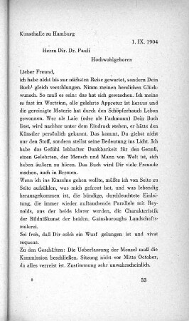 Kunsthalle zu Hamburg 1. IX. 1904 Herrn Dir. Dr. Pauli Hochwohlgeboren